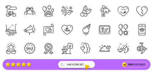 Gps, Broken heart and Heart line icons for web app. Pack of Christmas holly, Be true, Yummy smile pictogram icons. Best glasses, Puzzle, Romantic dinner signs. Dog leash, Bumper cars. Vector