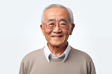 Smiling senior asian man on white background. Topics related to old age. Asian. China. Japan. Retirement home. Retirement. Image for Graphic Designer. Senior residence. AI.