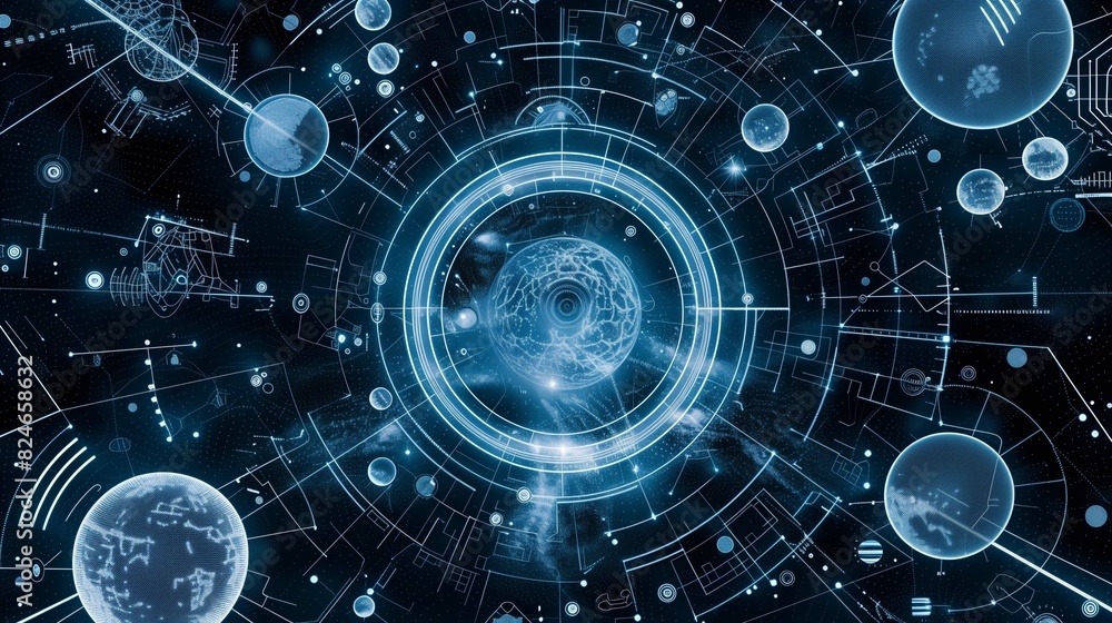 Poster futuristic earth planet surrounded by digital layers illustration. global monitoring wallpaper scene