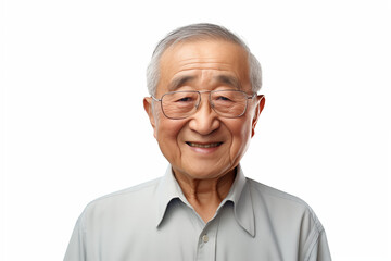 Obraz premium Smiling senior asian man on white background. Topics related to old age. Asian. China. Japan. Retirement home. Retirement. Image for Graphic Designer. Senior residence. AI.