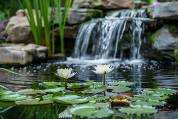 A gentle waterfall flowing into a serene pond, with lily pads and blooming water lilies