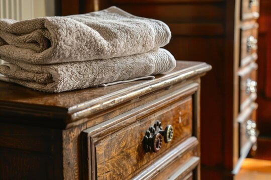 A stack of folded towels sitting on top of a wooden dresser, capturing the neatness and comfort.

