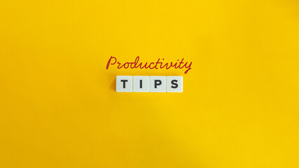 Productivity Tips Banner. Personal Development Ideas. Text on Block Letter Tiles and Icon on Flat...