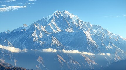 A majestic mountain range with snow-capped peaks, standing tall against the backdrop of a clear blue sky, symbolizing the resilience and grandeur of natural landscapes. Generative AI.