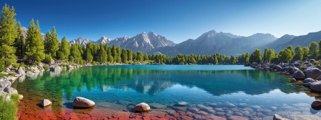 Tranquil lake reflects majestic mountains, creating a scenic wilderness destination. Beautiful photo of a mountain lake background for background.