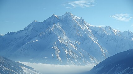 A majestic mountain range with snow-capped peaks, standing tall against the backdrop of a clear blue sky, symbolizing the resilience and grandeur of natural landscapes. Generative AI.