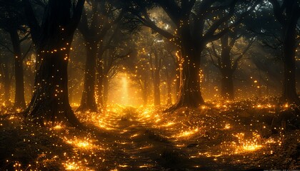 Mystical forest path with glowing lights and trees