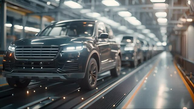 Busy factory assembly line producing modern SUV using mass production techniques. Concept Factory Automation, Mass Production, Modern Technology, Automotive Industry, Assembly Line