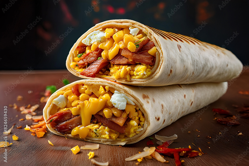 Wall mural board of tasty mexican burritos with vegetables on light wood background - Wall murals