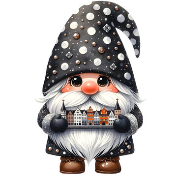 recommend clip art: Watercolor cute chubby Gnome wearing dalmatian white and black luxurious color outfit.Hands holding copenhagen city. Looking cool and rich. Jetset travel Gnome theme. 