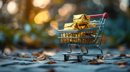 Miniature Shopping Cart Filled With Gold Bars