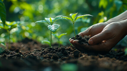 someone holding a small plant in the dirt with a hand