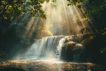 A hidden waterfall in a dense forest, sunlight filtering through the trees and illuminating the water
