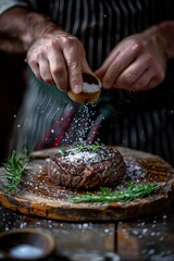 A chef carefully sprinkles seasoning onto a sizzling medium rare steak on a hot grill