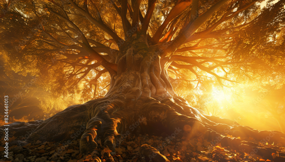 Poster a large tree with a trunk that is very thick and has a lot of branches