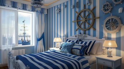 A nautical-themed bedroom with blue and white stripes and a ship wheel decor piece. 