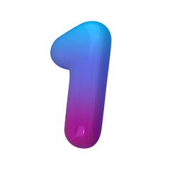 3D Style Number 1. Rendered Digit One Illustration in Gradient Blue and Violet. Glossy Inflatable Numbers. Vector illustration