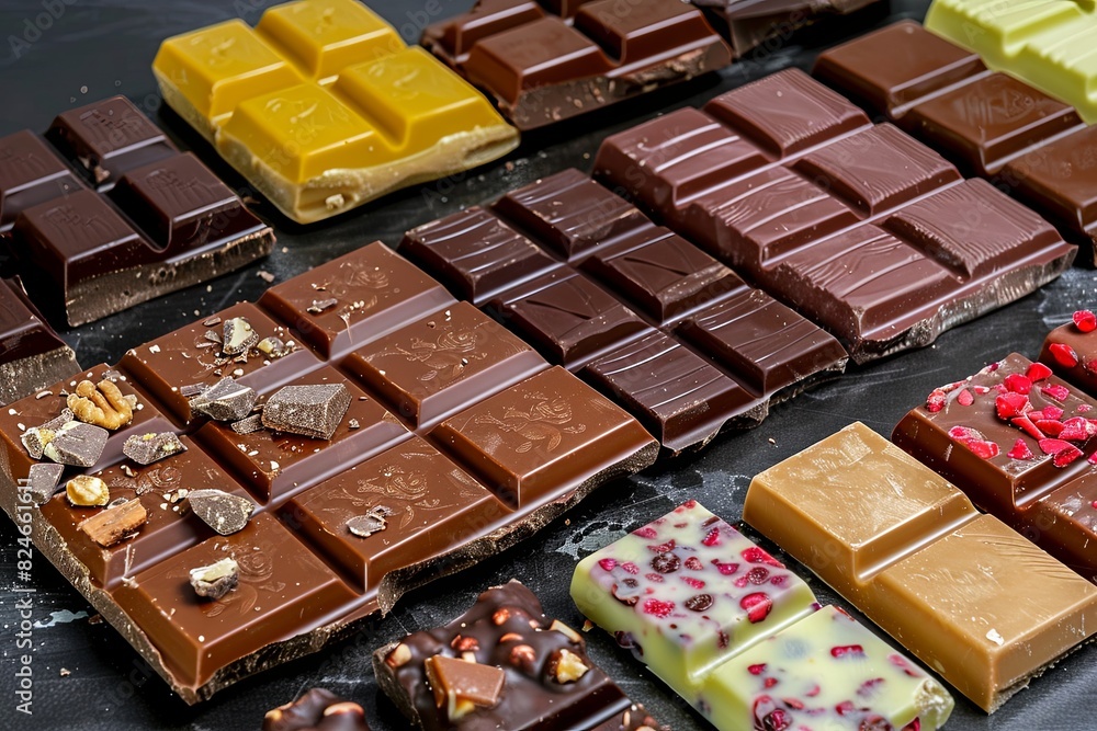 Poster Diverse selection of chocolate bars in various flavors neatly arranged on a table. Generative AI