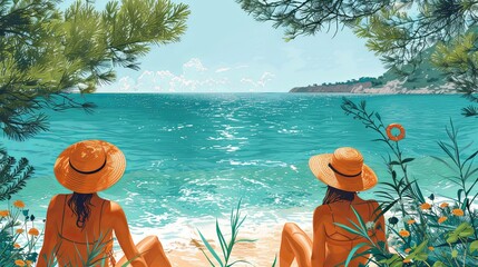Obraz premium Summer beach posters set. People enjoying vacation by sea, sunbathing, swimming and relaxing. Tourists at leisure, rest and recreation at seaside resort, holiday card. Flat vector illustration