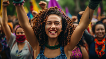 Joyful Woman Celebrates International Womens Day at a Colorful Outdoor Rally