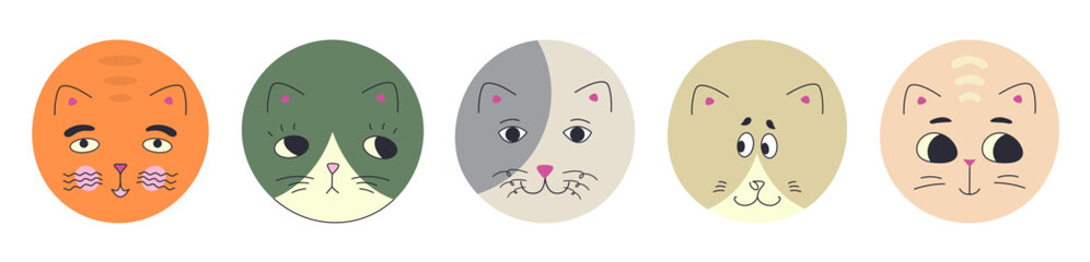 Personage collection, black eyes cats. Cartoon faces, diverse feelings, cartoon funny kitty. Creative giggly design.