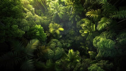 A lush, vibrant green jungle canopy with sunlight filtering through, highlighting the diverse foliage and dense vegetation.