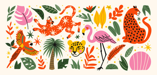 Stickers exotic tropical leaves, tigers, leopards and wild animals, birds, jungle plants, palm trees, monstera leaves and flowers. Set of vector jungle stickers in cartoon retro style