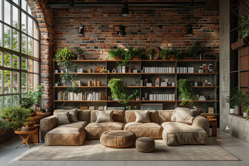 Armchairs and shelves with books adorn the modern loft-style interior