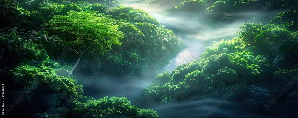 Poster lush green rainforest bathed in ethereal light and mist, creating a serene and mystical atmosphere. 