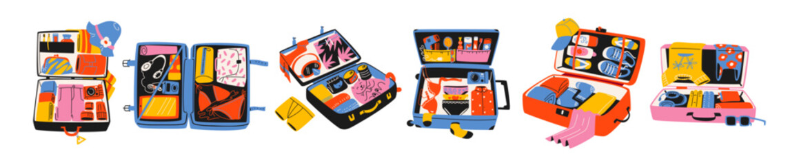 Set cartoon open luggage, travel bags, suitcases with clothes for travel. Packing for vacation, beach. Various clothes, accessories, vacation concept. Vector doodle groovy drawing in retro style © Limpreom