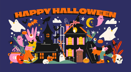Obraz premium Happy Halloween. Cartoon banner, holiday poster with pumpkins, ghosts, zombies, dracula. Mystical scary background, retro party, trick on treat. Creepy skeleton spooky scary in retro 90s doodle style