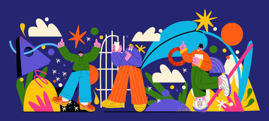 Back to school, cartoon school children characters with abstract background. Mascot students with notebooks and smartphones. Vector trendy banner poster in geometric doodle groovy retro style 90s