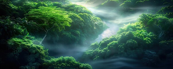 Lush green rainforest bathed in ethereal light and mist, creating a serene and mystical atmosphere. Perfect for nature and tranquility themes.