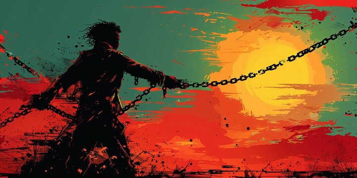 A silhouette breaking free from chains amidst black, green, red and yellow colors with sunset, symbolizing liberation, Juneteenth concept, creative illustration, flat style.