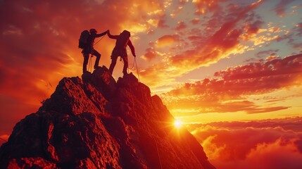 Fototapeta premium Silhouette of Climbers at Sunset on Mountain Peak. Silhouetted climbers reach the summit of a mountain at sunset, symbolizing teamwork and achievement against a dramatic sky.