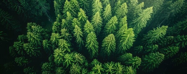 Aerial view of lush green forest with tall evergreen trees. Natural landscape showcasing dense foliage and the beauty of untouched wilderness.