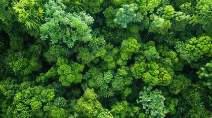 Aerial view of a lush, green forest with dense tree canopy, showcasing the beauty and diversity of jungle foliage from above.
