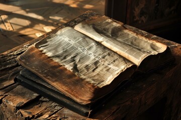 Sturdily-built Bible ancient table. Page medieval. Generate Ai