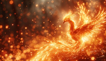 Fiery Phoenix bird rising from ashes with glowing wings