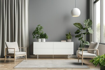 Cabinet and sofa chairs against the wall