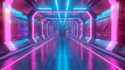 Futuristic Sci-Fi Interior with Blue and Pink and Purple Neon Lights, Spaceship Corridor Design, Product Background