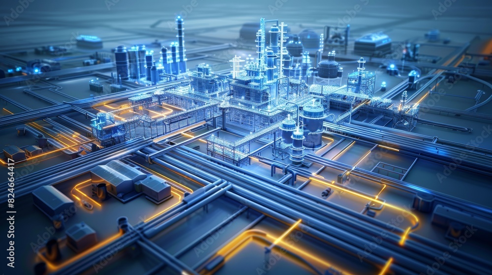 Poster a 3d-style smart factory blue and white scheme smart factory, data visualization including automatio