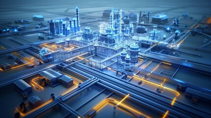 Fototapeta premium A 3D-style smart factory blue and white scheme smart factory, Data visualization Including automation equipment, AGV, warehousing equipment, factory workshop, environmental facilities. Generative AI.