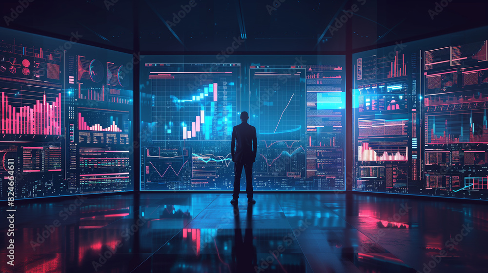 Poster a man stands in front of a computer monitor that displays a cityscape. concept of isolation and deta
