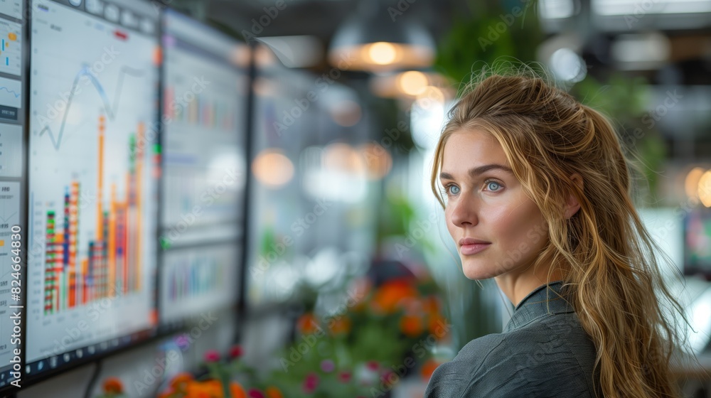 Poster businesswoman analyzing data on screens. businesswoman in a modern office analyzing data displayed o
