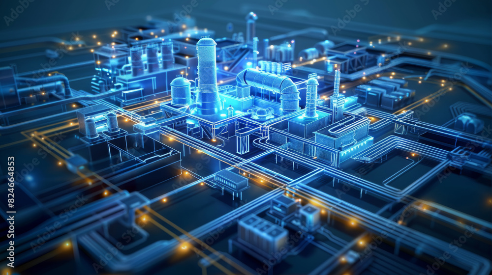 Poster A 3D-style smart factory blue and white scheme smart factory, Data visualization Including automation equipment, AGV, warehousing equipment, factory workshop, environmental facilities. Generative AI.