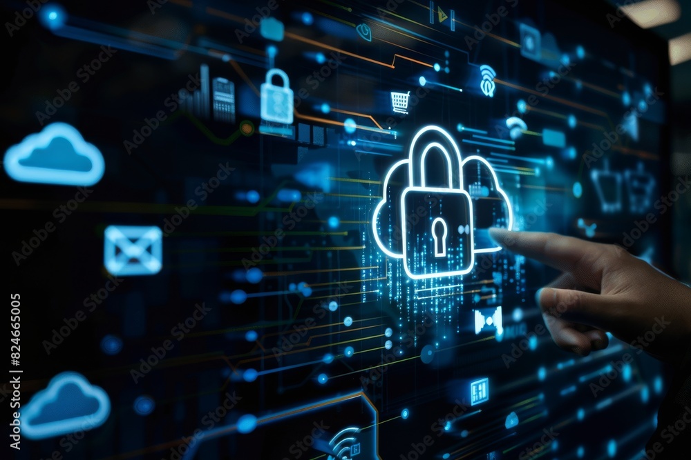 Poster placing digital security lock on circuit board with glowing nodes