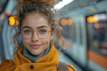 Young Woman in Glasses at Train Station. Young woman with curly hair and glasses wearing a yellow coat, standing at a train station with a confident smile.
