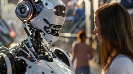 Fototapeta premium AI robot with humanlike features interacting with people in a hightech environment, ultrarealistic and dynamic