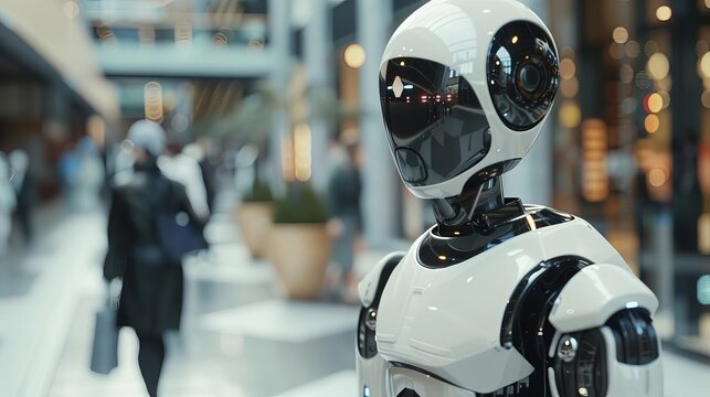 AI robot with humanlike features interacting with people in a hightech environment, ultrarealistic and dynamic